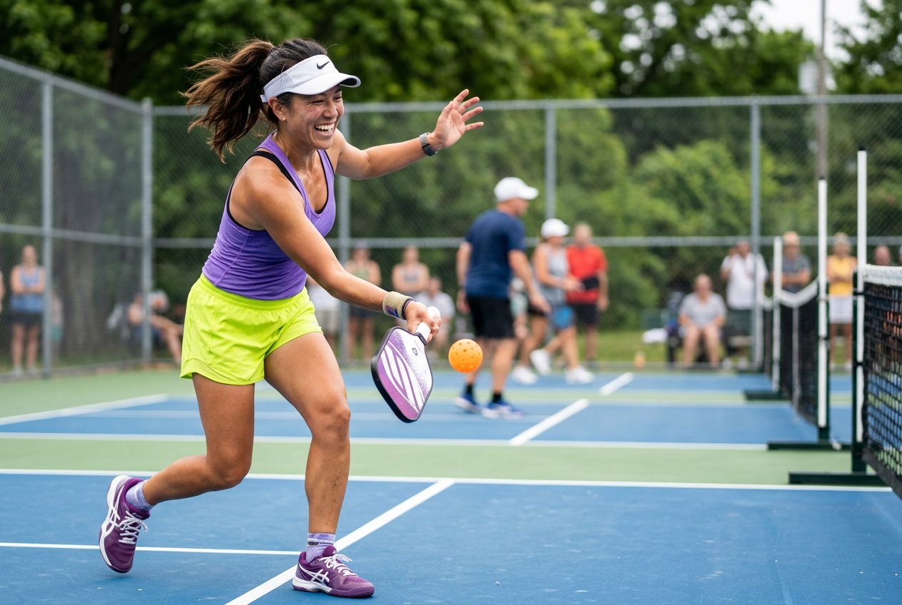 A pickleball player lunging for a return on an outdoor court