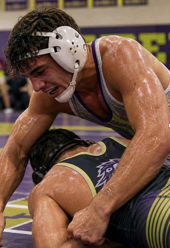 A wrestler driving an opponent into the mat