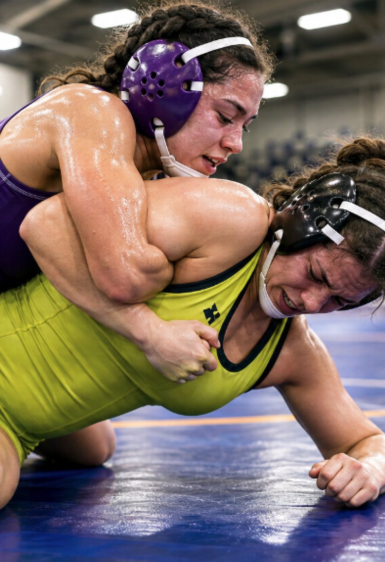 Two wrestlers in headgear grappling on the mat